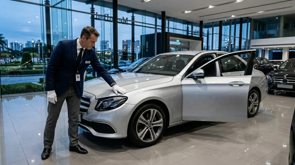 Vendeur automobile en costume présente berline blanche luxe
