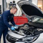 Mécanicien effectuant diagnostic électronique sur moteur de voiture