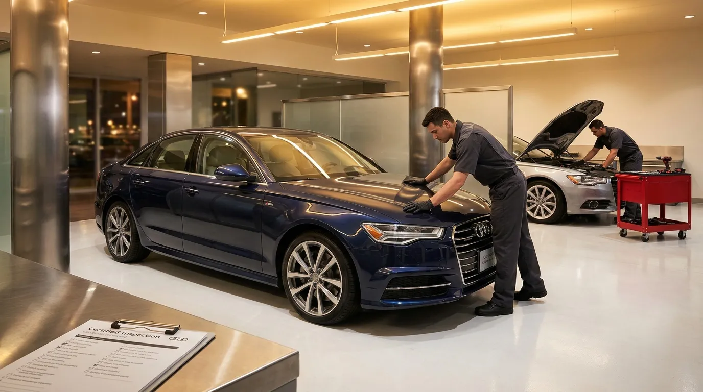Mécaniciens inspectant une Audi blue dans un atelier moderne