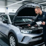 Mécanicien inspectant le moteur d'un SUV Opel gris