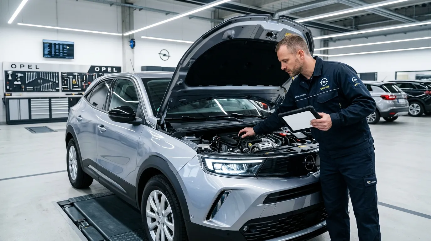 Mécanicien inspectant le moteur d'un SUV Opel gris