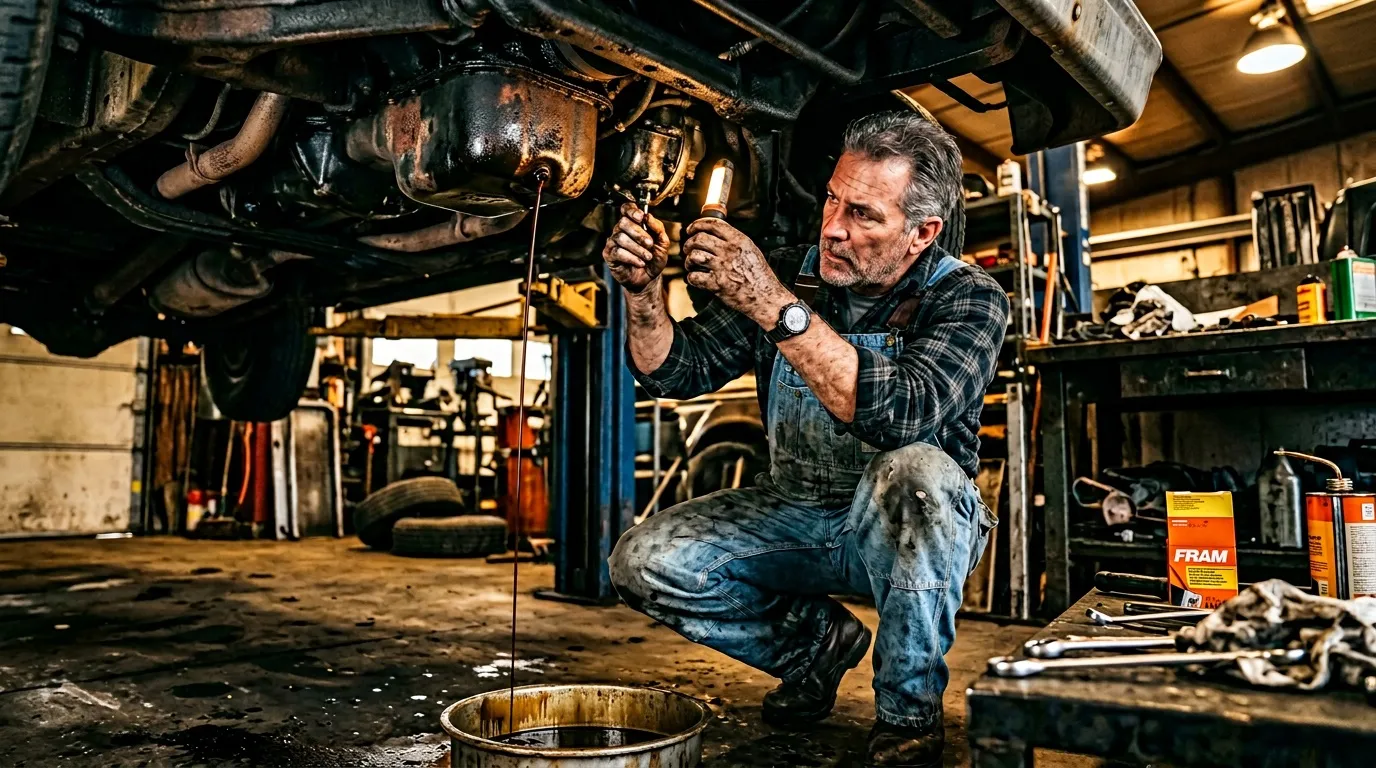 Mécanicien en salopette vidange huile moteur garage