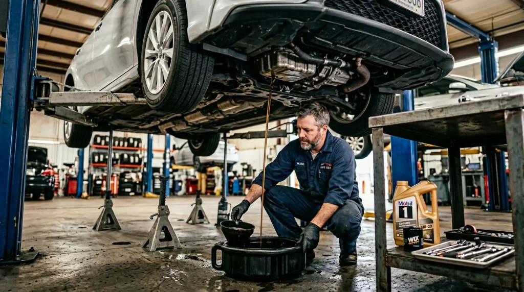 Mécanicien en atelier vidange huile moteur voiture surélevée