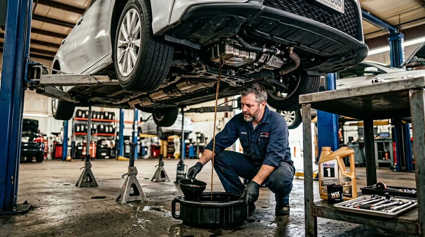 Mécanicien en atelier vidange huile moteur voiture surélevée