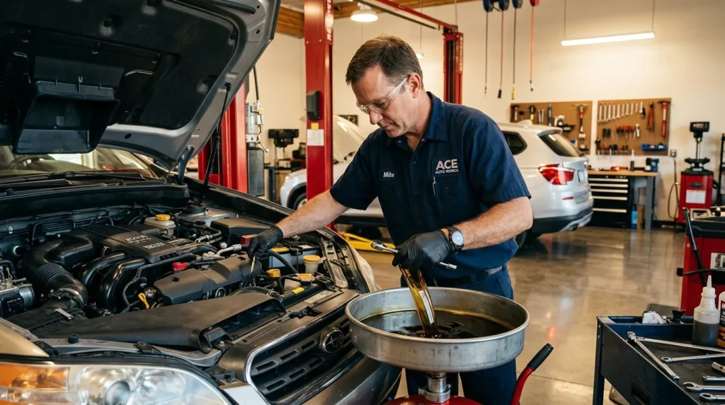 Technicien en atelier automobile versant l'huile moteur