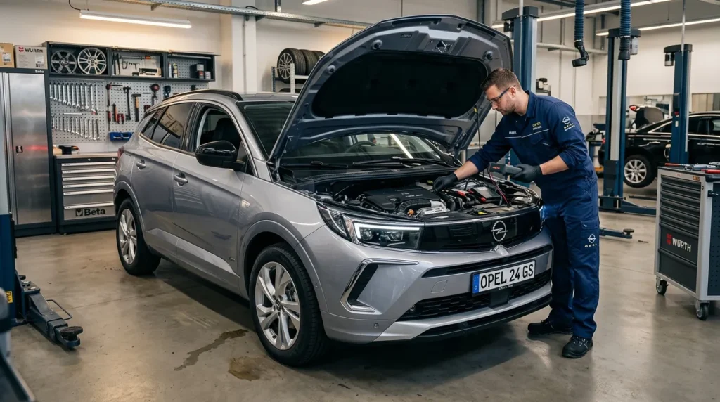 Technicien en bleu examine le moteur d'un SUV Opel gris en atelier