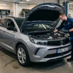 Technicien en bleu examine le moteur d'un SUV Opel gris en atelier
