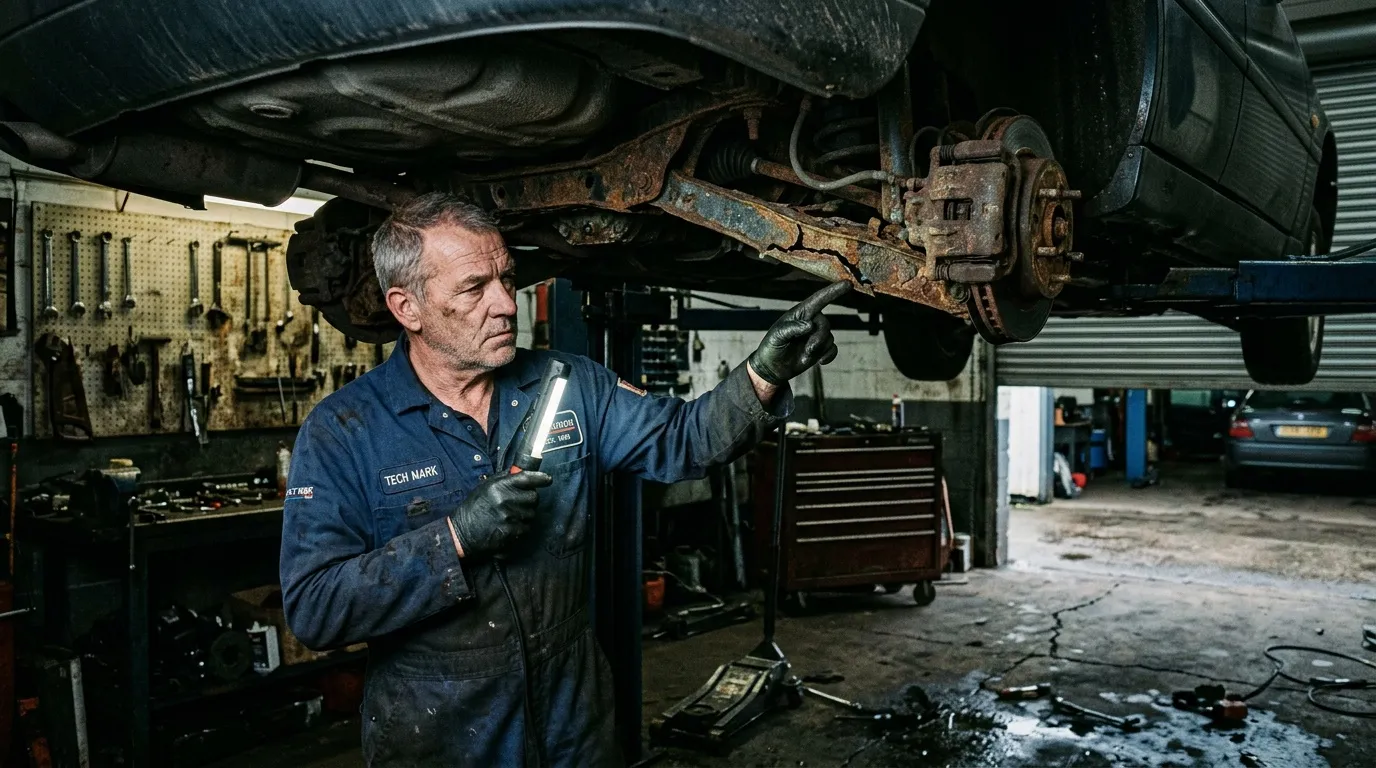 Technicien en bleu travaillant sous un véhicule surélevé en atelier