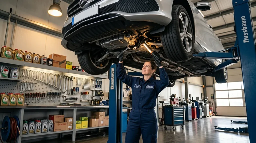 Femme mécanicienne examine le dessous d'une voiture blanche sur lift