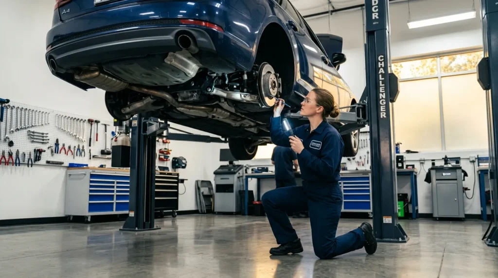 Femme en combinaison bleue inspectant le dessous d'une voiture levée