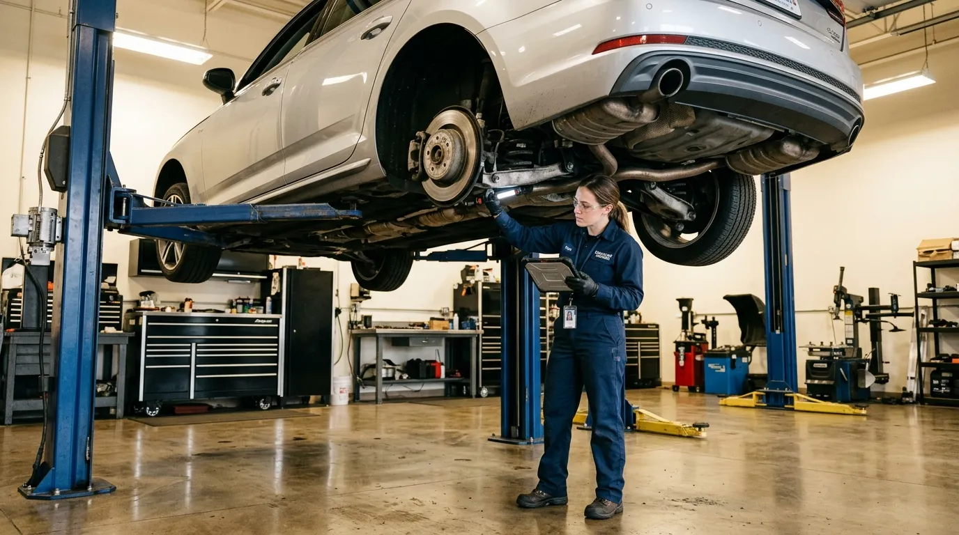 Femme mécanicienne examine voiture surélevée sur pont hydraulique