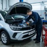 Mécanicien inspectant le moteur d'une voiture blanche