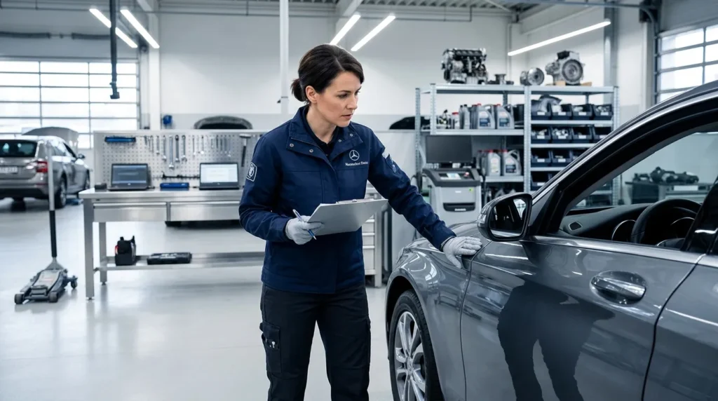 Mécanicienne inspectant une voiture avec tablette numérique