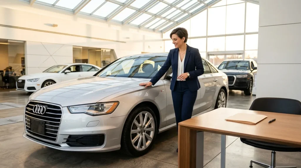 Femme en costume visitant voiture de luxe Audi grise