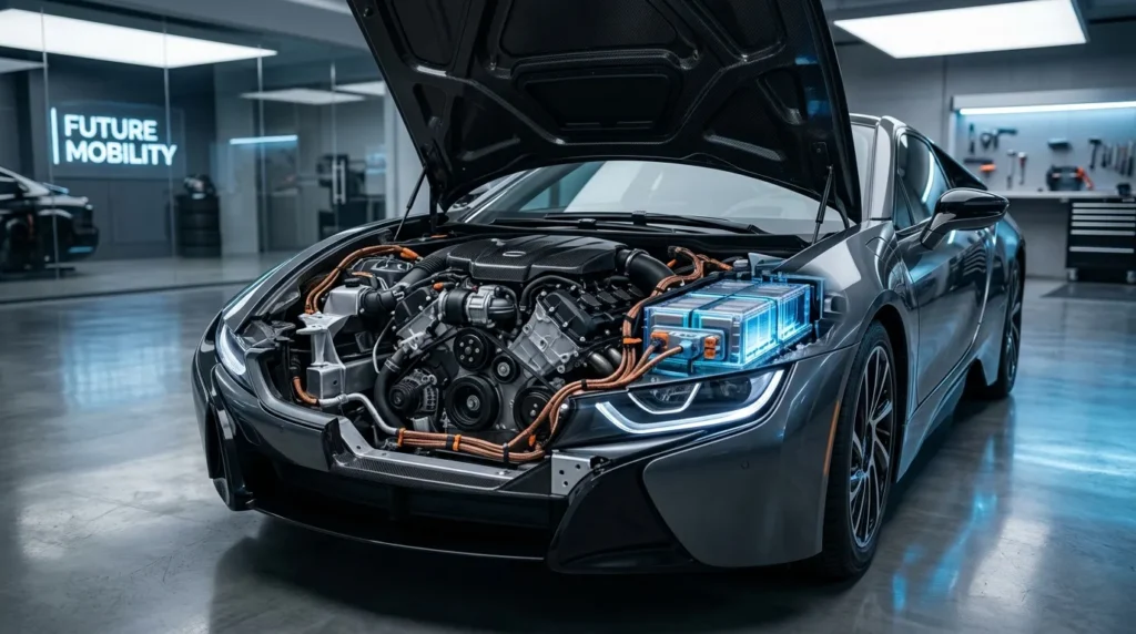 Voiture sport hybride avec moteur et batterie visibles, capot ouvert.