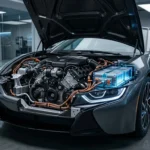 Voiture sport hybride avec moteur et batterie visibles, capot ouvert.