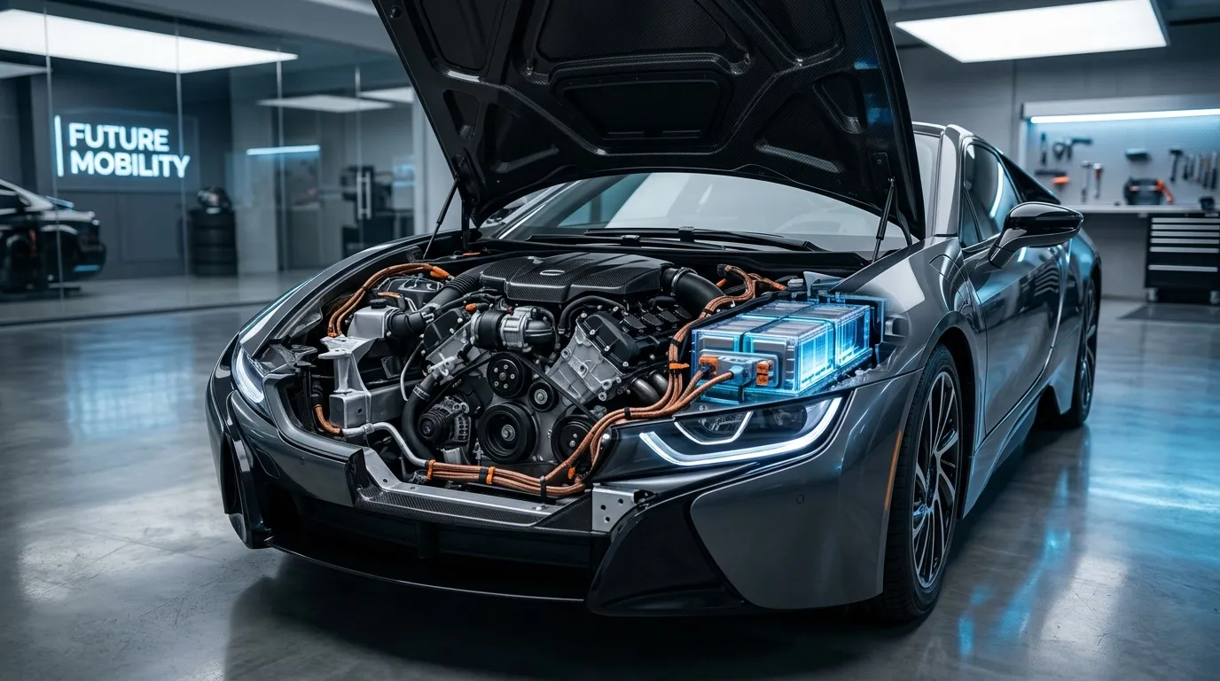 Voiture sport hybride avec moteur et batterie visibles, capot ouvert.