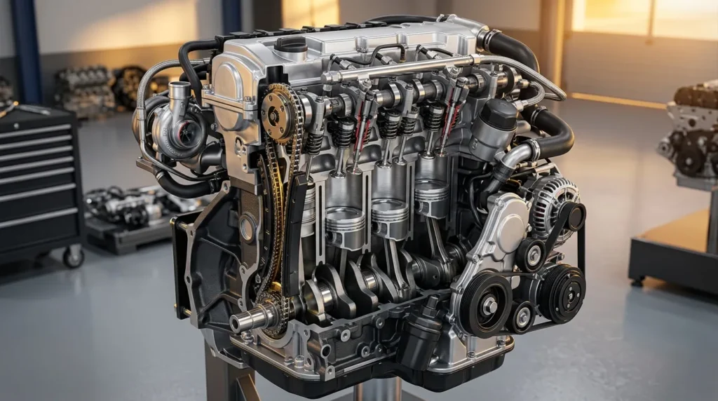 Moteur essence multicylindre assemblé en atelier professionnel
