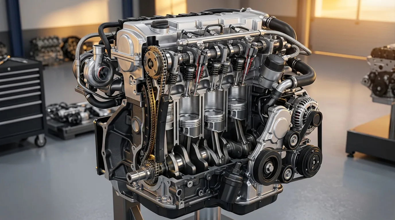 Moteur essence multicylindre assemblé en atelier professionnel