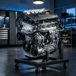 Moteur automobile ECOTEC exposé dans atelier moderne