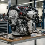 Moteur automobile exposé sur établi dans garage professionnel