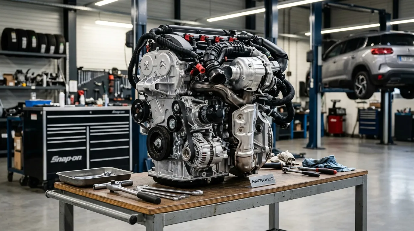 Moteur automobile exposé sur établi dans garage professionnel