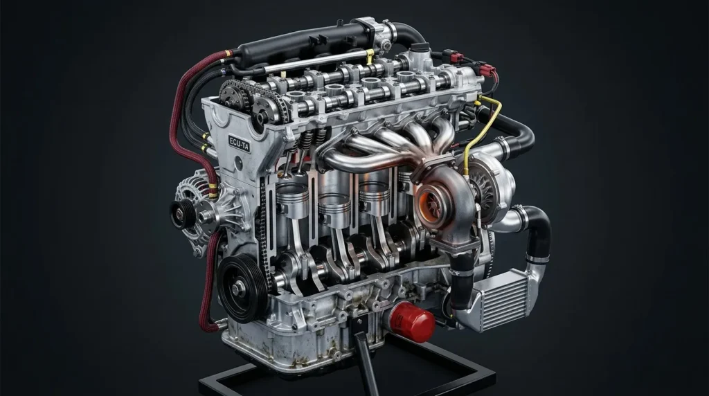 Moteur automobile turbocompressé avec composants internes visibles
