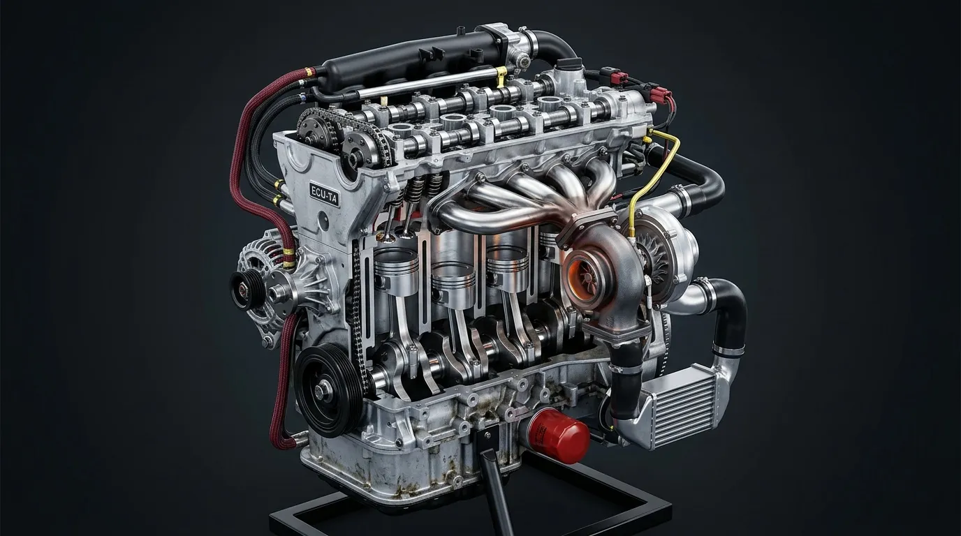 Moteur automobile turbocompressé avec composants internes visibles