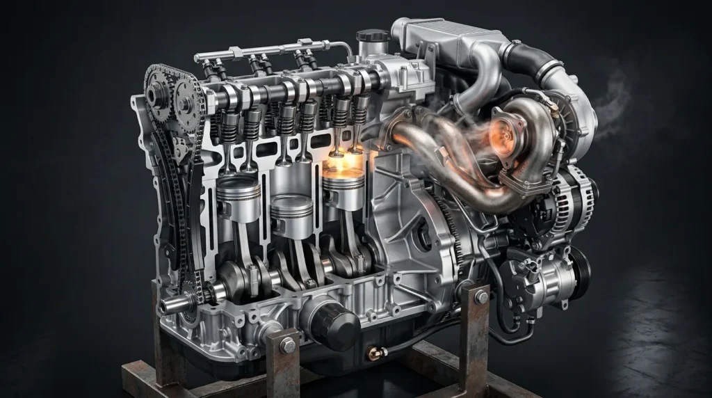 Moteur quatre-cylindres turbo en fonctionnement avec flammes