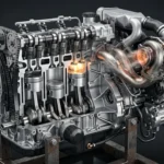 Moteur quatre-cylindres turbo en fonctionnement avec flammes